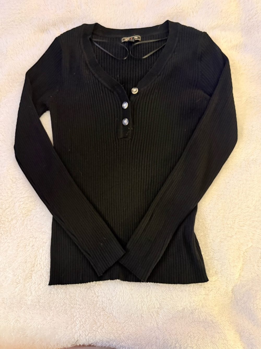 Black Ribbed Henley Long Sleeve Top